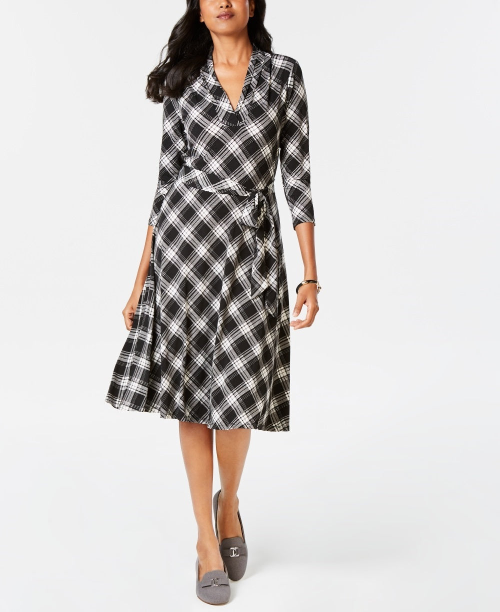 Vestido feminino xadrez com decote em V, preto, tamanho grande, Charter Club