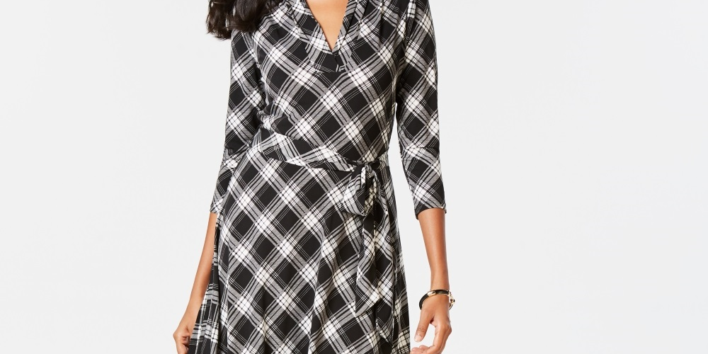 Vestido feminino xadrez com decote em V, preto, tamanho grande, Charter Club
