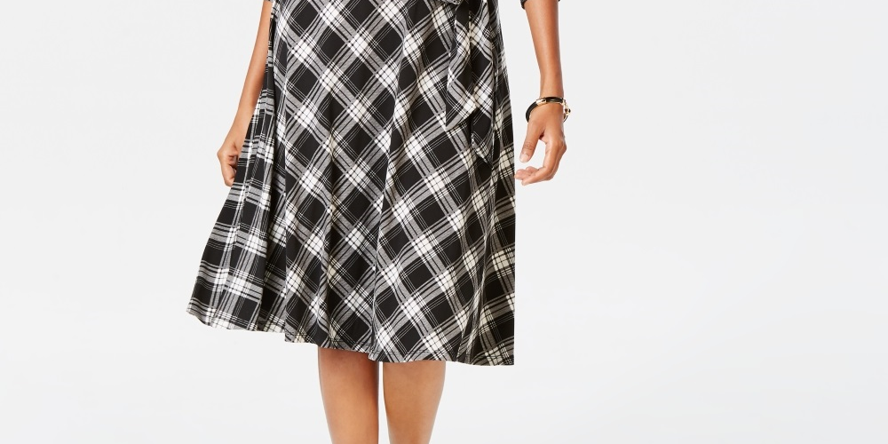 Vestido feminino xadrez com decote em V, preto, tamanho grande, Charter Club