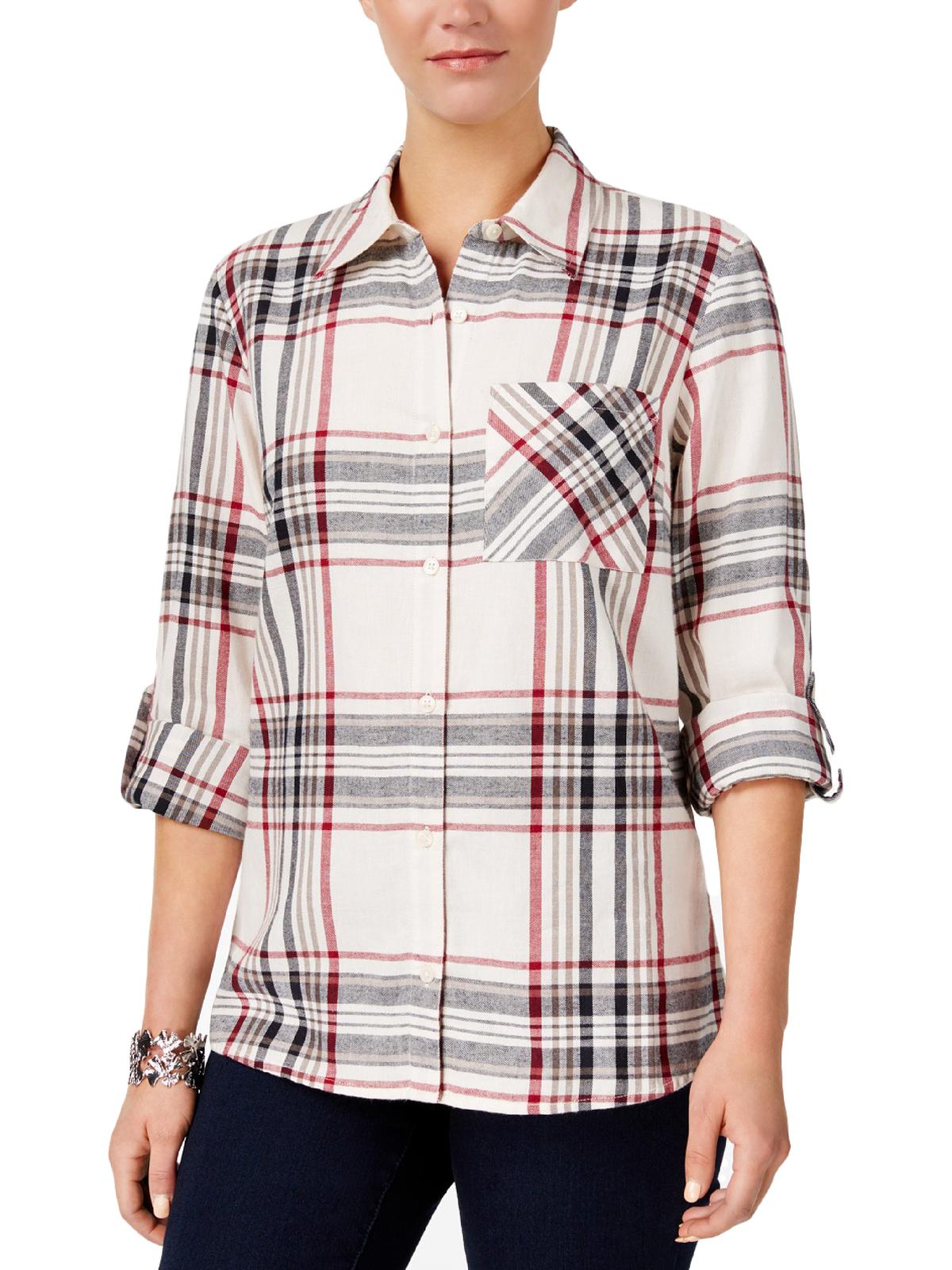 Camisa xadrez feminina de algodão com mangas curtas Style &amp; Co, branca, tamanho pequeno P