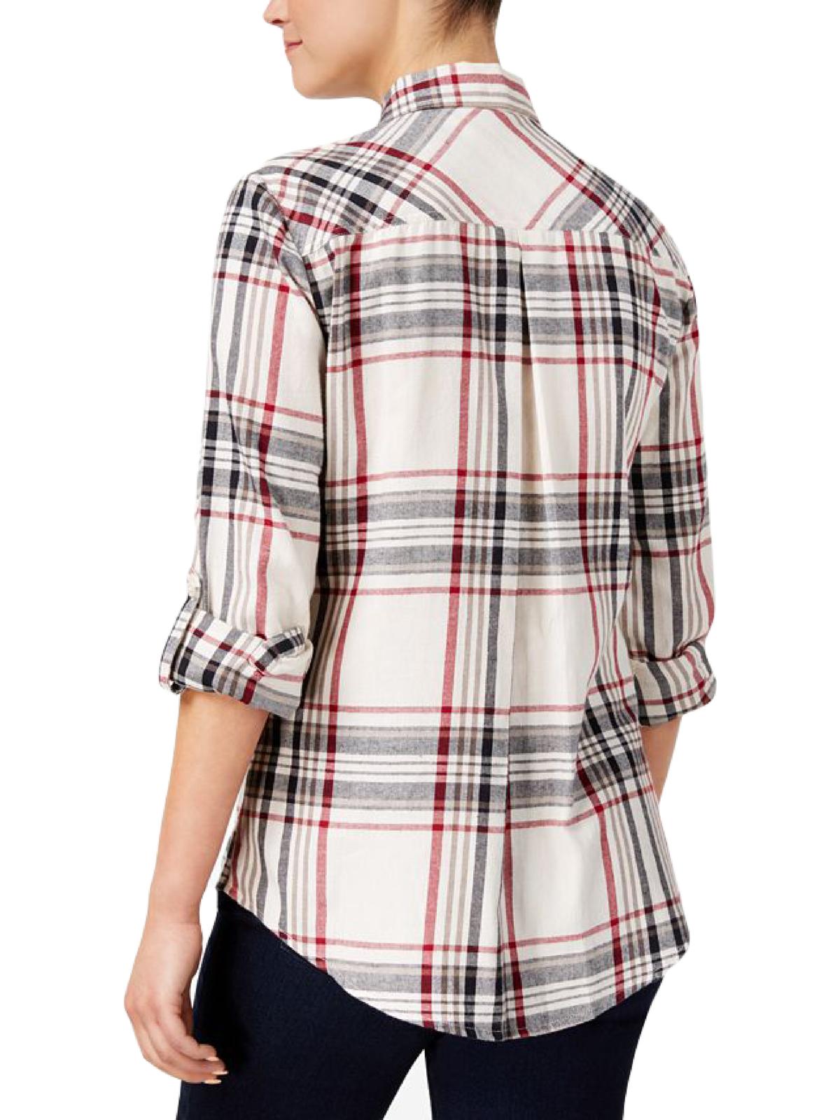 Camisa xadrez feminina de algodão com mangas curtas Style &amp; Co, branca, tamanho pequeno P