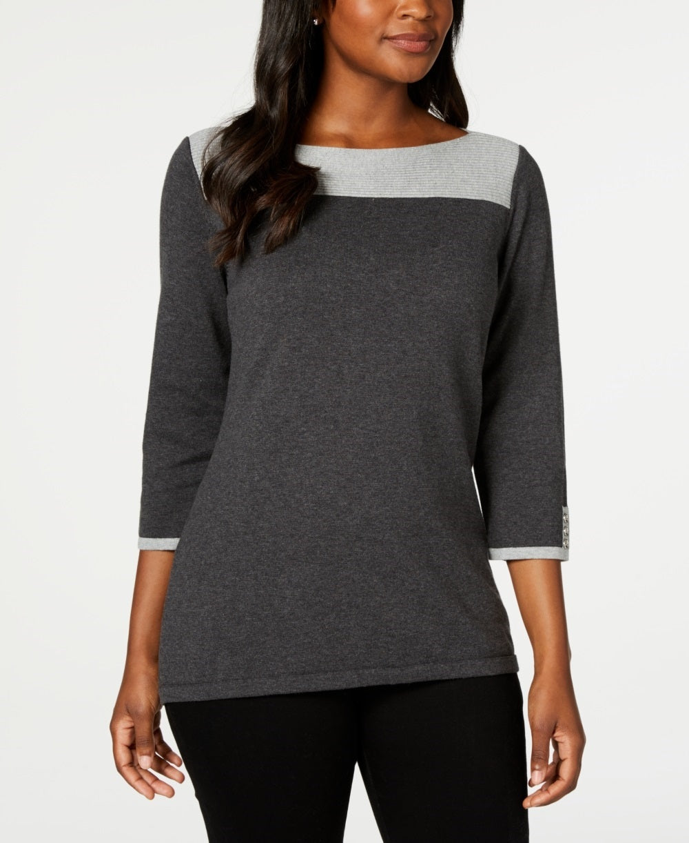 Karen Scott Suéter Feminino de Algodão Colorblock Tamanho Grande Carvão
