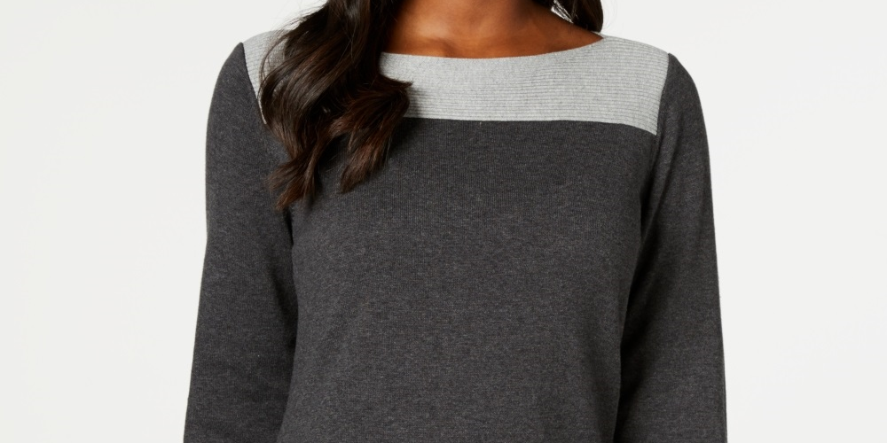 Karen Scott Suéter Feminino de Algodão Colorblock Tamanho Grande Carvão