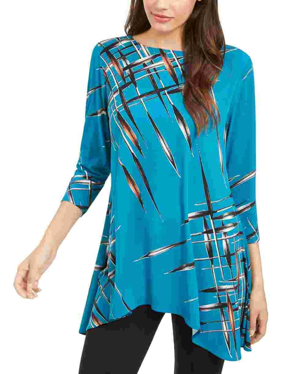 Blusa feminina Alfani com estampa azul-petróleo e manga 3/4, gola joia, tamanho marinho, pequena e pequena