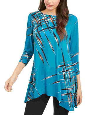 Blusa feminina Alfani com estampa azul-petróleo e manga 3/4, gola joia, tamanho marinho, pequena e pequena