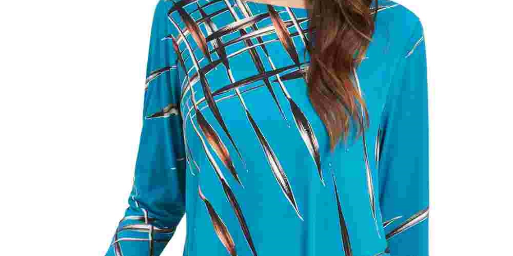 Blusa feminina Alfani com estampa azul-petróleo e manga 3/4, gola joia, tamanho marinho, pequena e pequena