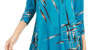 Blusa feminina Alfani com estampa azul-petróleo e manga 3/4, gola joia, tamanho marinho, pequena e pequena