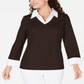 Karen Scott Blusa de algodão com aparência em camadas feminina, marrom, tamanho pequeno, médio