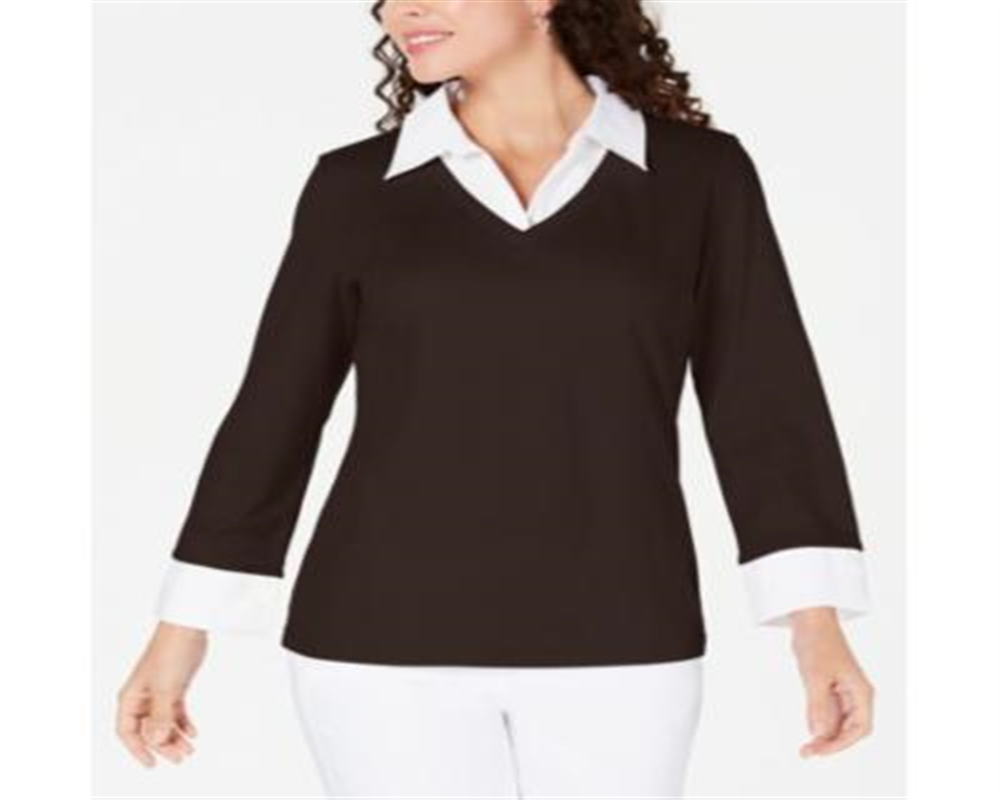 Karen Scott Blusa de algodão com aparência em camadas feminina, marrom, tamanho pequeno, médio