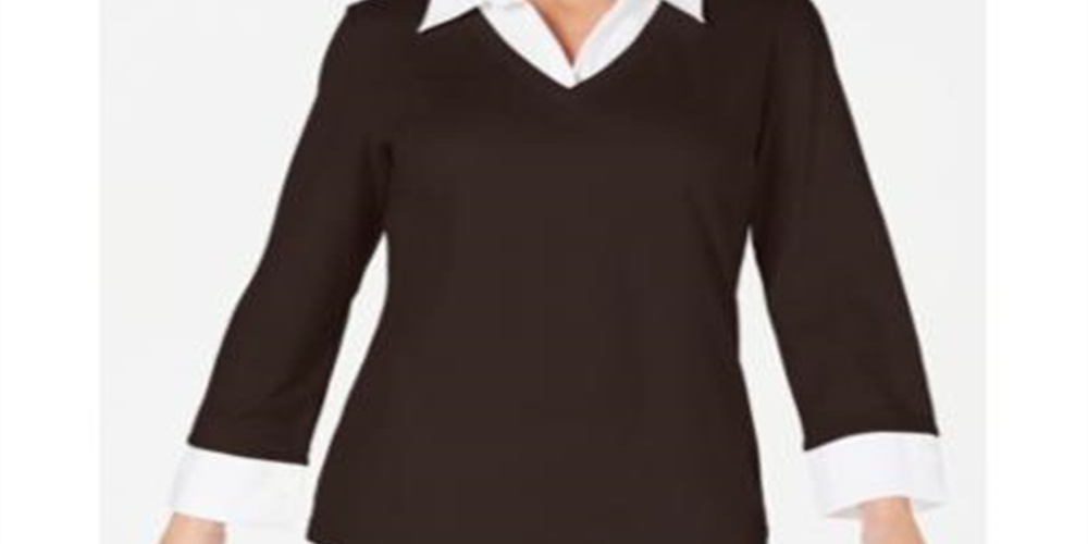 Karen Scott Blusa de algodão com aparência em camadas feminina, marrom, tamanho pequeno, médio