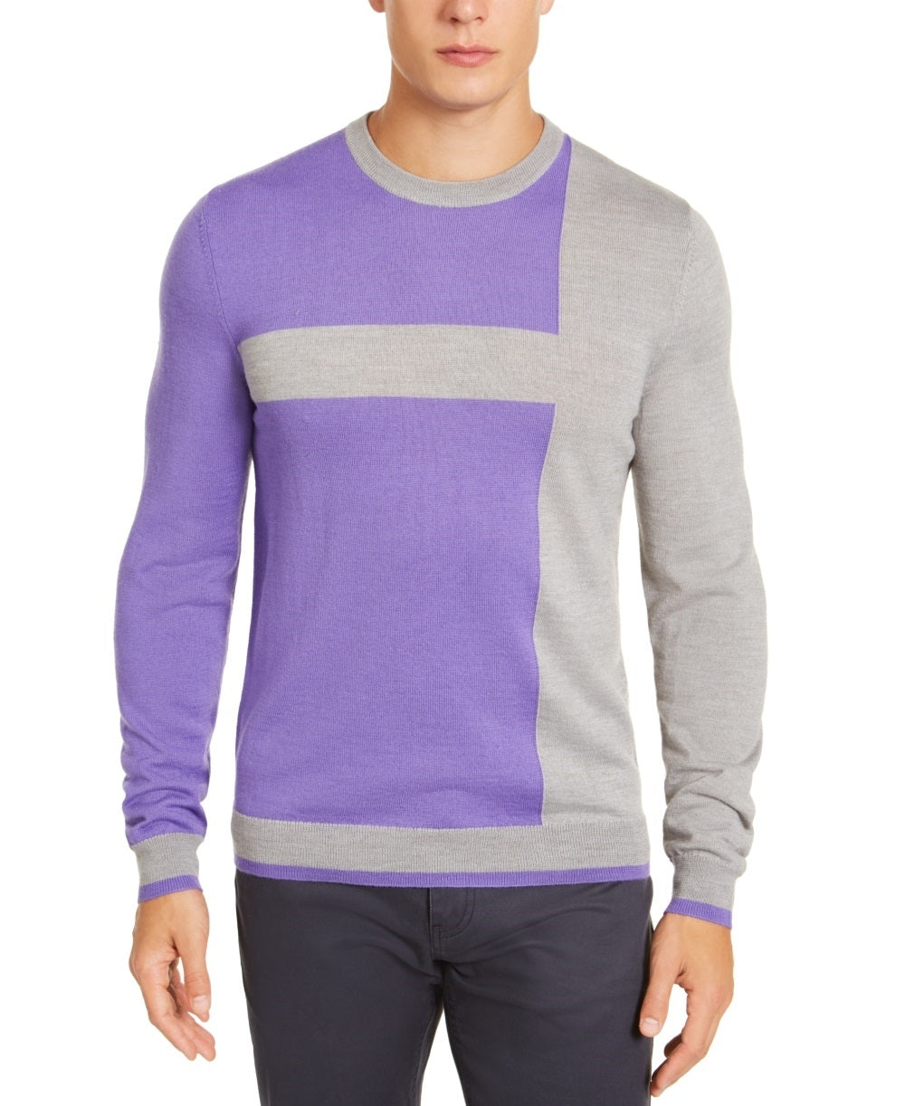 Suéter Alfani Masculino Merino Blend Blocked Crewneck Cinza Tamanho Grande