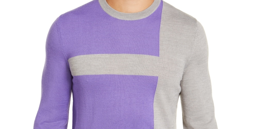 Suéter Alfani Masculino Merino Blend Blocked Crewneck Cinza Tamanho Grande