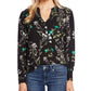 Blusa feminina CeCe com estampa floral e decote dividido, preta, tamanho X-S