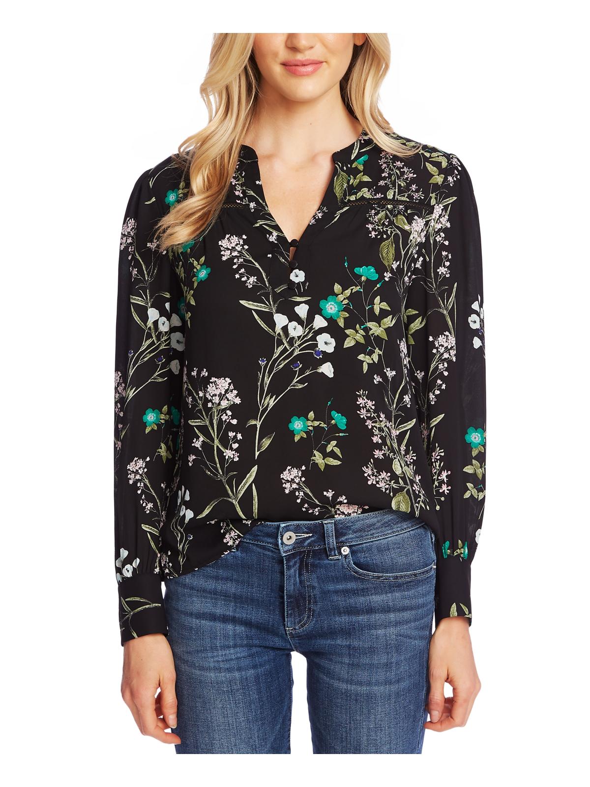 Blusa feminina CeCe com estampa floral e decote dividido, preta, tamanho X-S