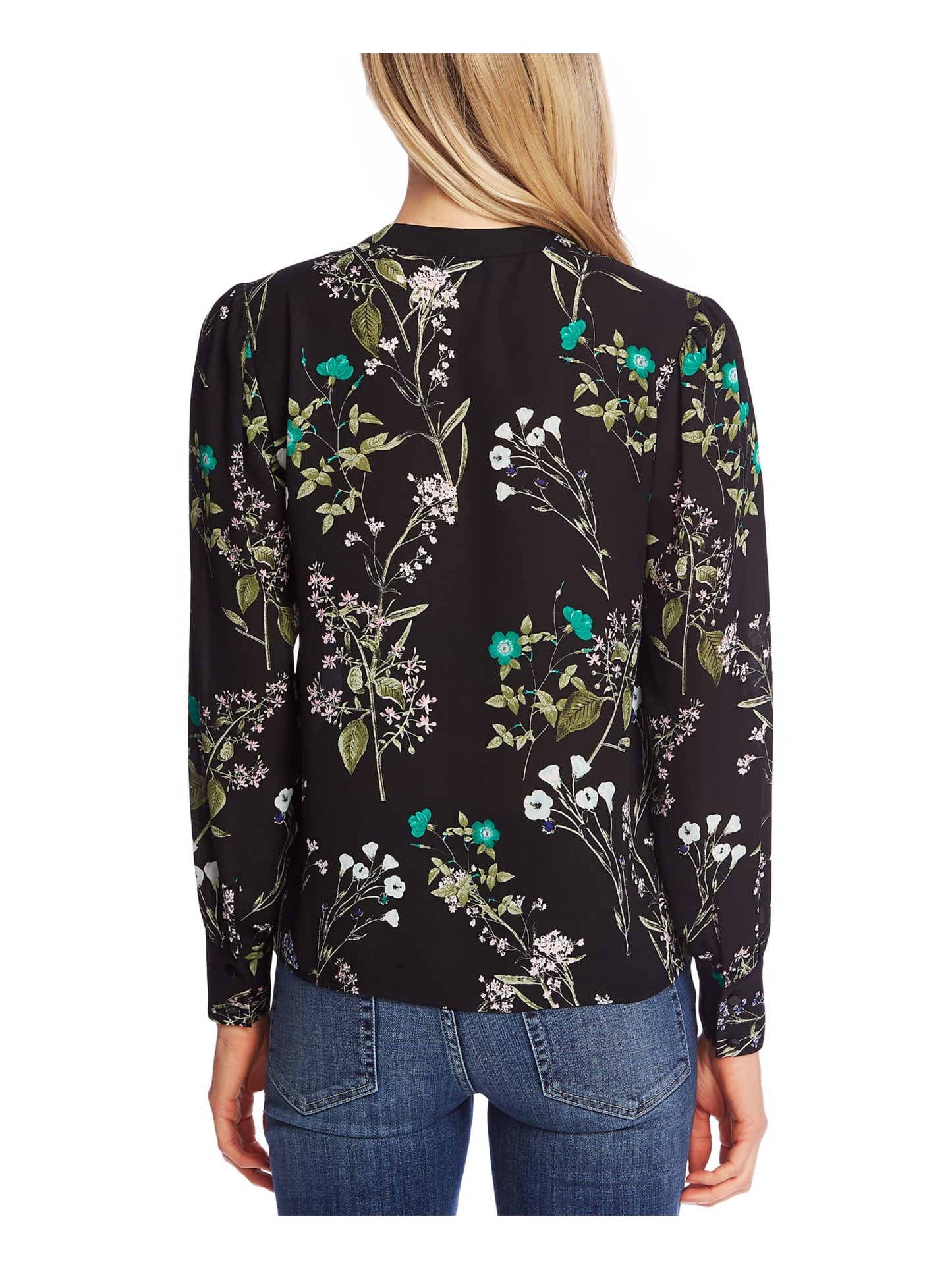 Blusa feminina CeCe com estampa floral e decote dividido, preta, tamanho X-S