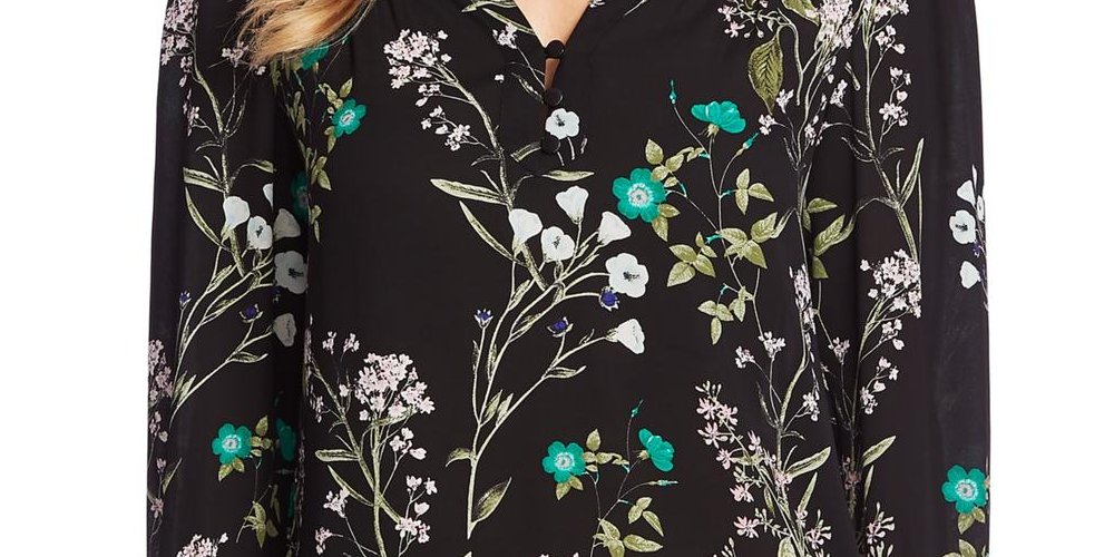 Blusa feminina CeCe com estampa floral e decote dividido, preta, tamanho X-S