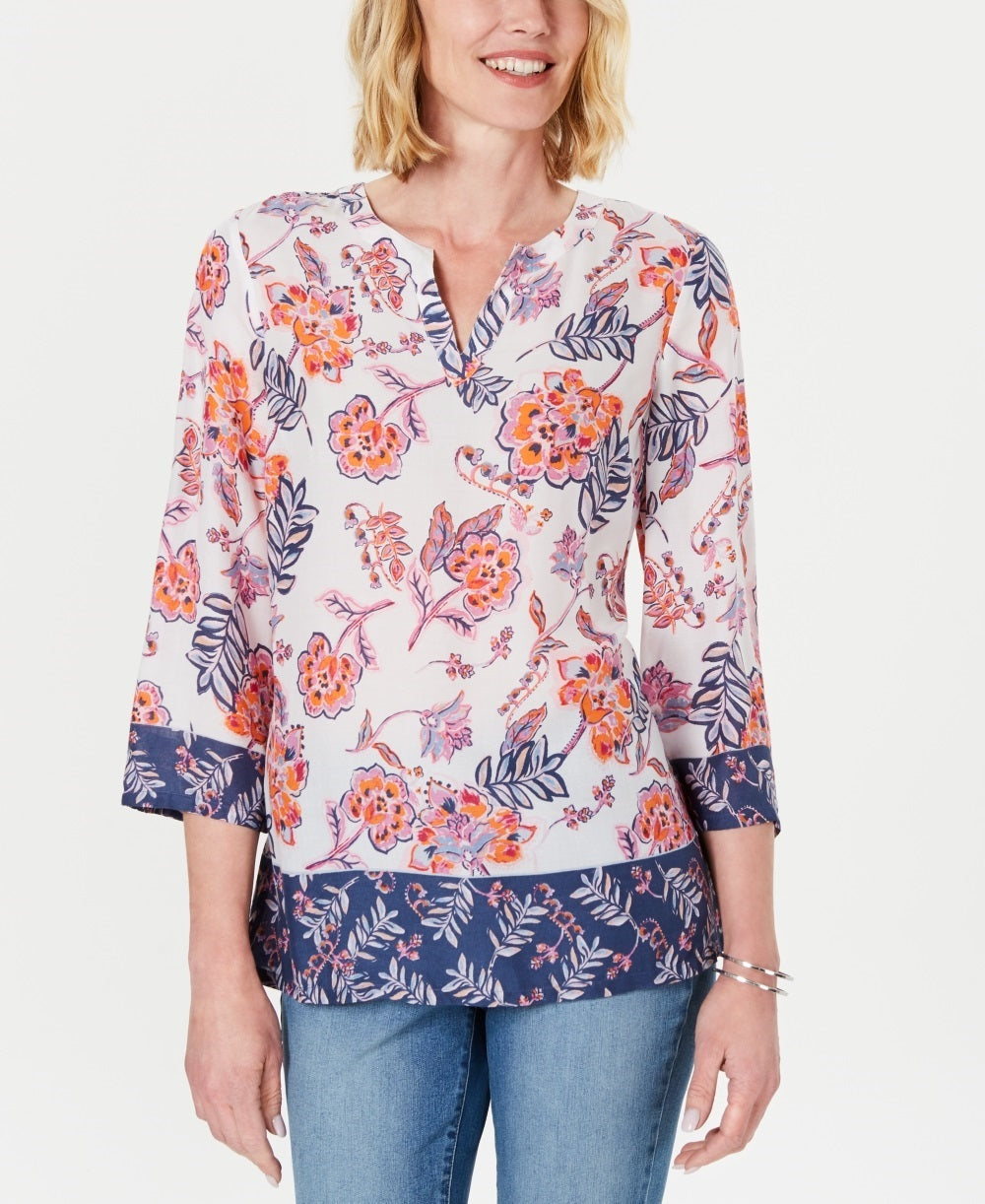 Túnica feminina com estampa floral dupla Charter Club, branca, tamanho pequeno e pequeno