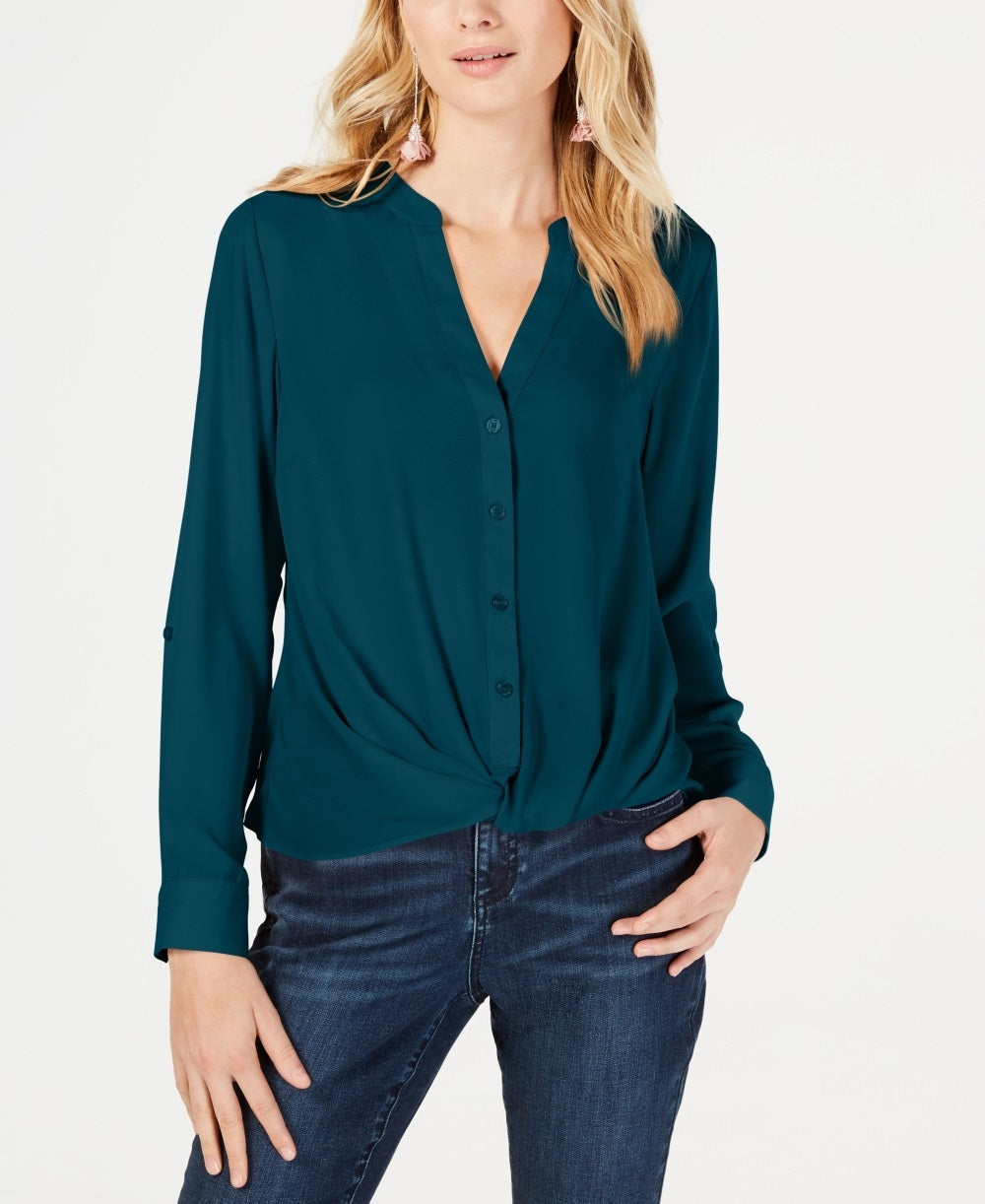 Blusa feminina com botões frontais e torcidos INC International Concepts, verde, tamanho extragrande