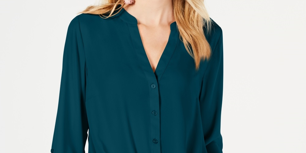 Blusa feminina com botões frontais e torcidos INC International Concepts, verde, tamanho extragrande