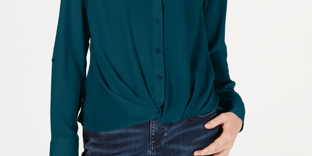 Blusa feminina com botões frontais e torcidos INC International Concepts, verde, tamanho extragrande