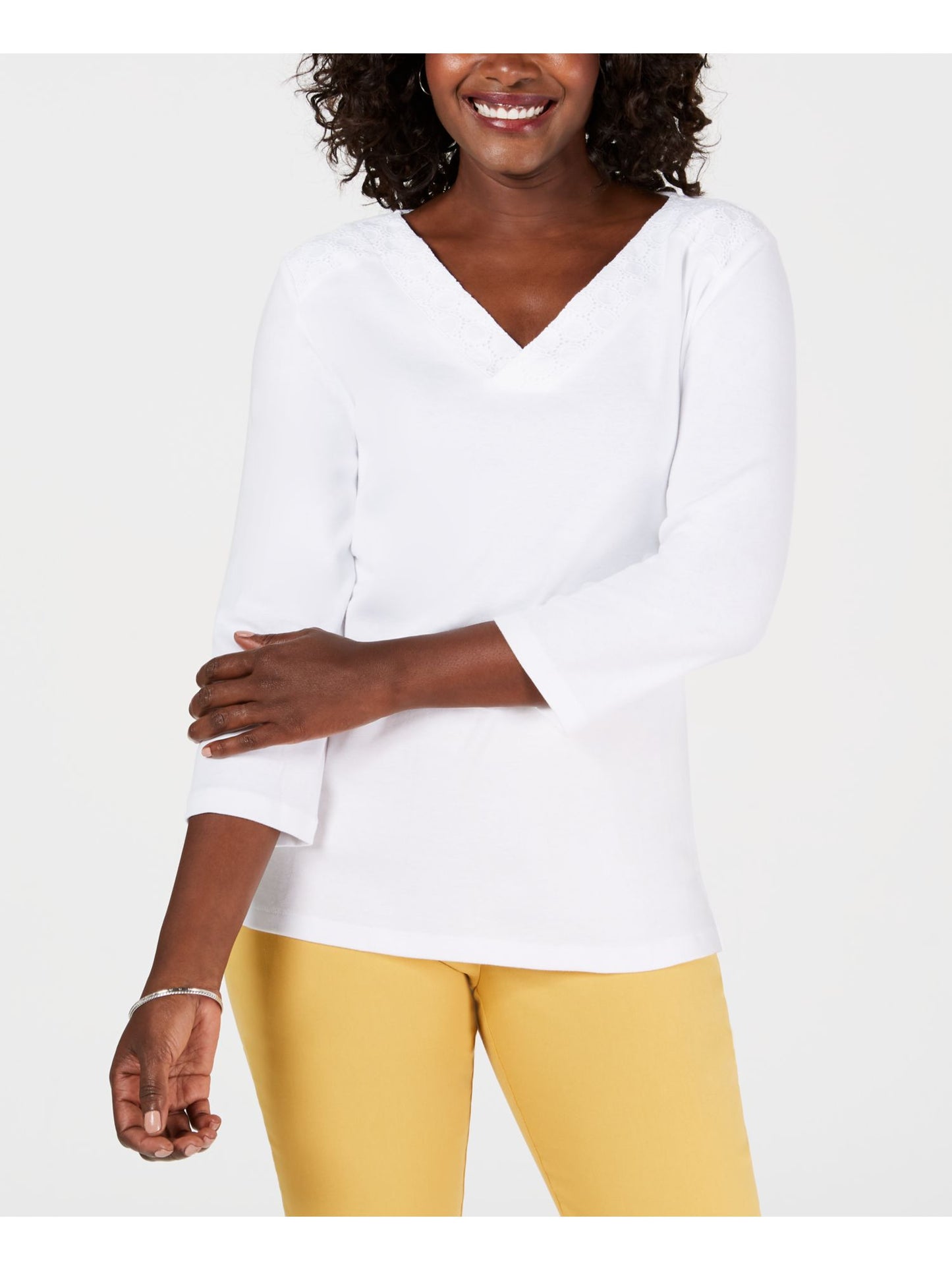 Karen Scott Blusa feminina de algodão com decote em V e ilhós, branca, tamanho pequeno P/M