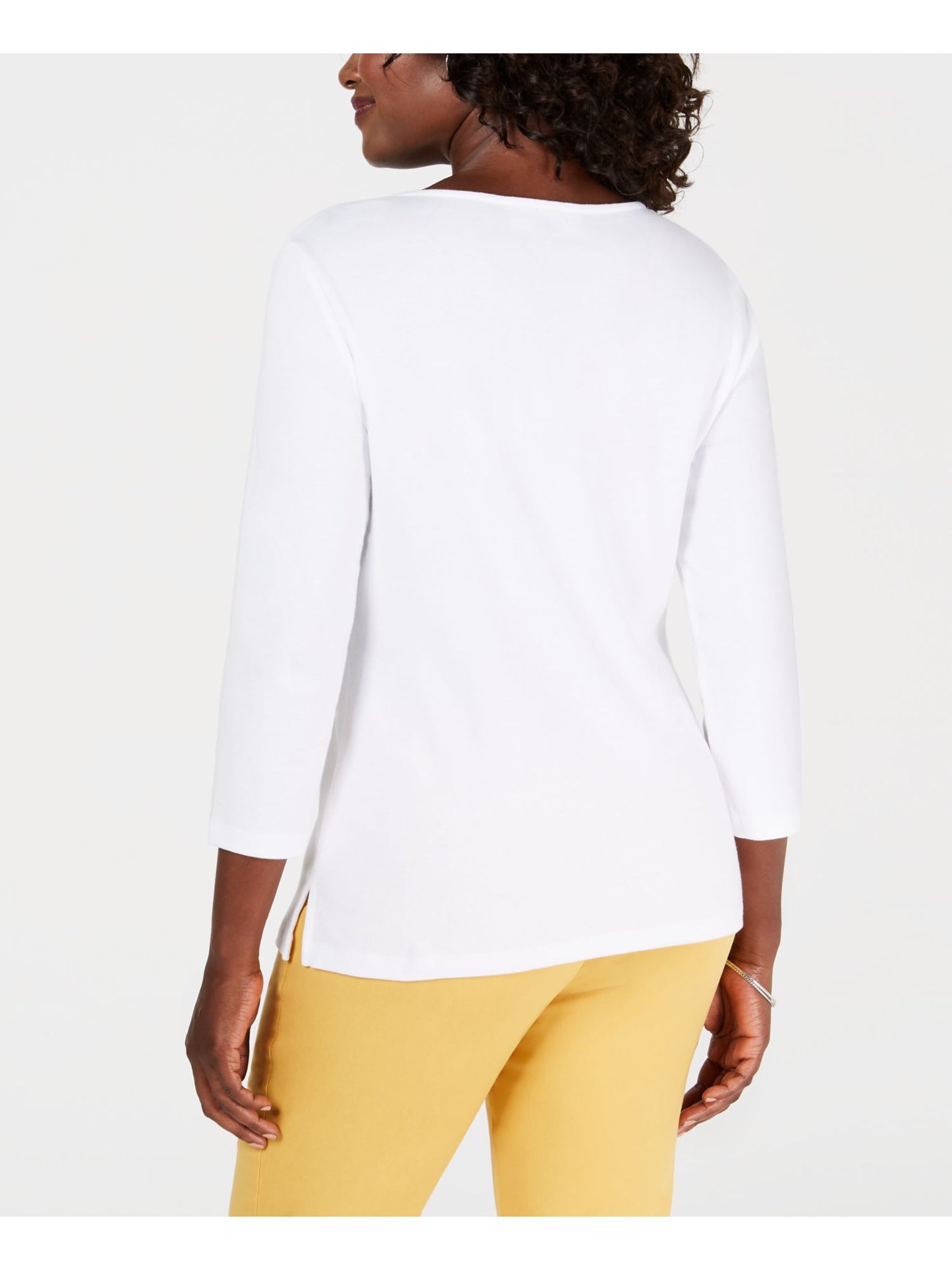 Karen Scott Blusa feminina de algodão com decote em V e ilhós, branca, tamanho pequeno P/M