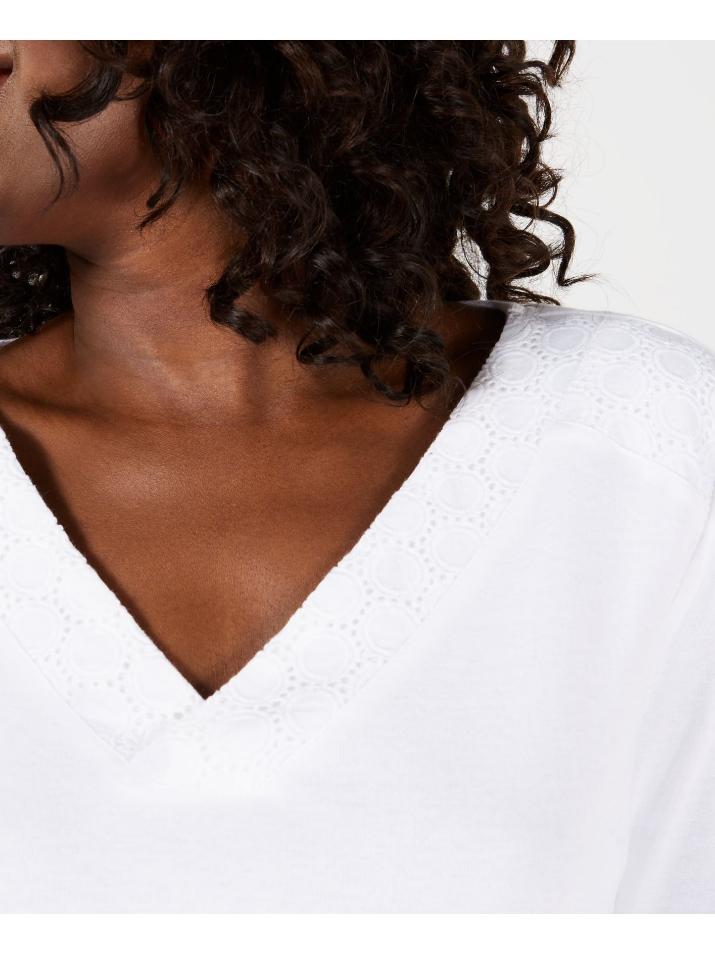 Karen Scott Blusa feminina de algodão com decote em V e ilhós, branca, tamanho pequeno P/M