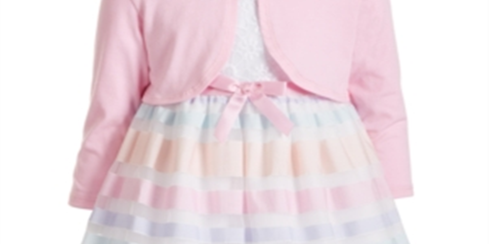 Vestido infantil Blueberi Boulevard com 2 peças, manga bufante e listras arco-íris bordadas, tamanho 6X