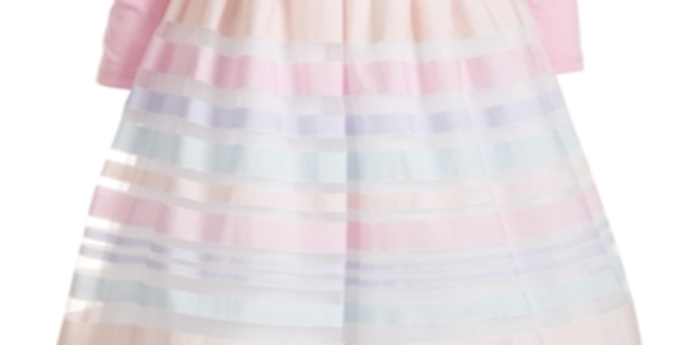 Vestido infantil Blueberi Boulevard com 2 peças, manga bufante e listras arco-íris bordadas, tamanho 6X