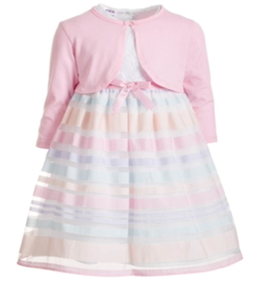 Vestido infantil Blueberi Boulevard para meninas, 2 peças, com babados e listras arco-íris bordadas, rosa, tamanho 2