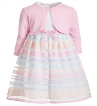 Vestido infantil Blueberi Boulevard para meninas, 2 peças, com babados e listras arco-íris bordadas, rosa, tamanho 2
