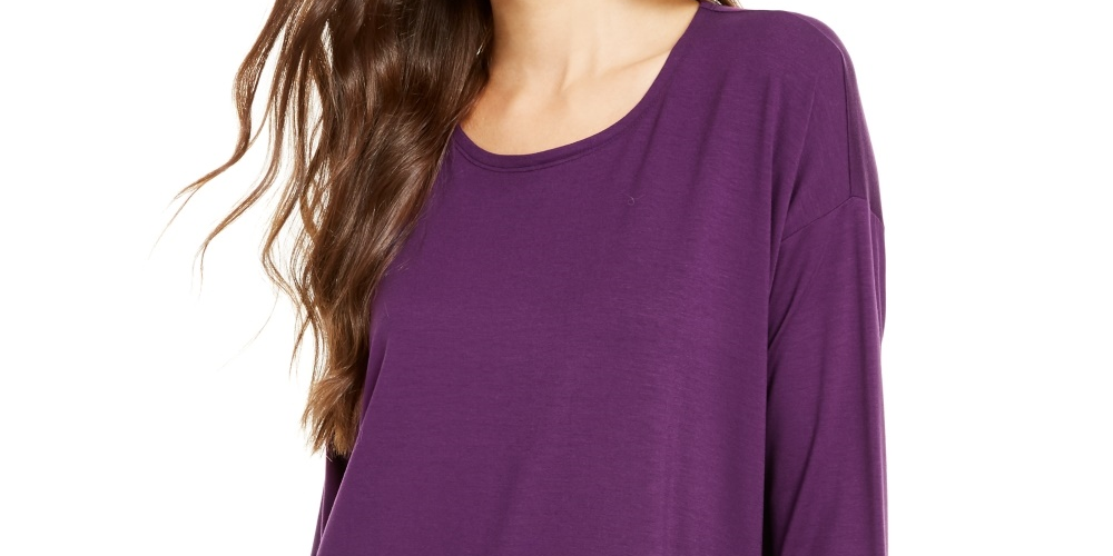 Túnica feminina Eileen Fisher com decote redondo, tamanho grande, tamanho regular e pequeno, roxa