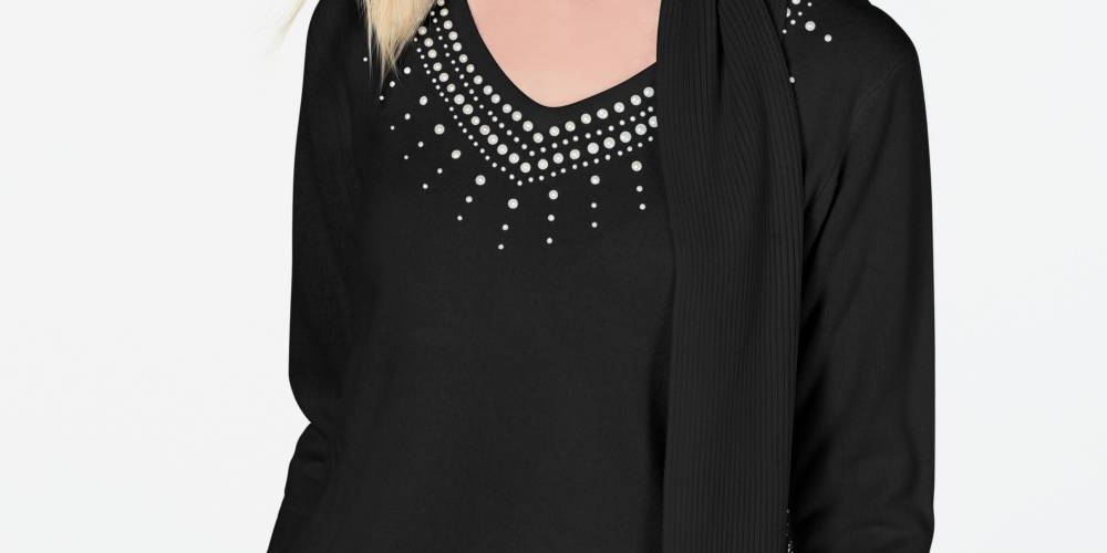 Karen Scott Suéter Feminino com Cachecol Enfeitado Preto Tamanho X-S