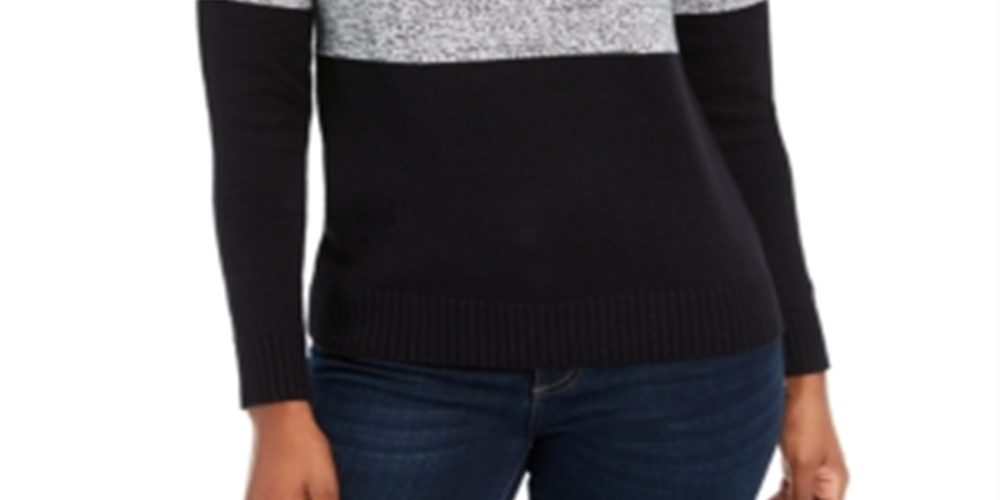 Karen Scott Suéter feminino de algodão com gola alta e bloco de cores, preto, tamanho pequeno GG