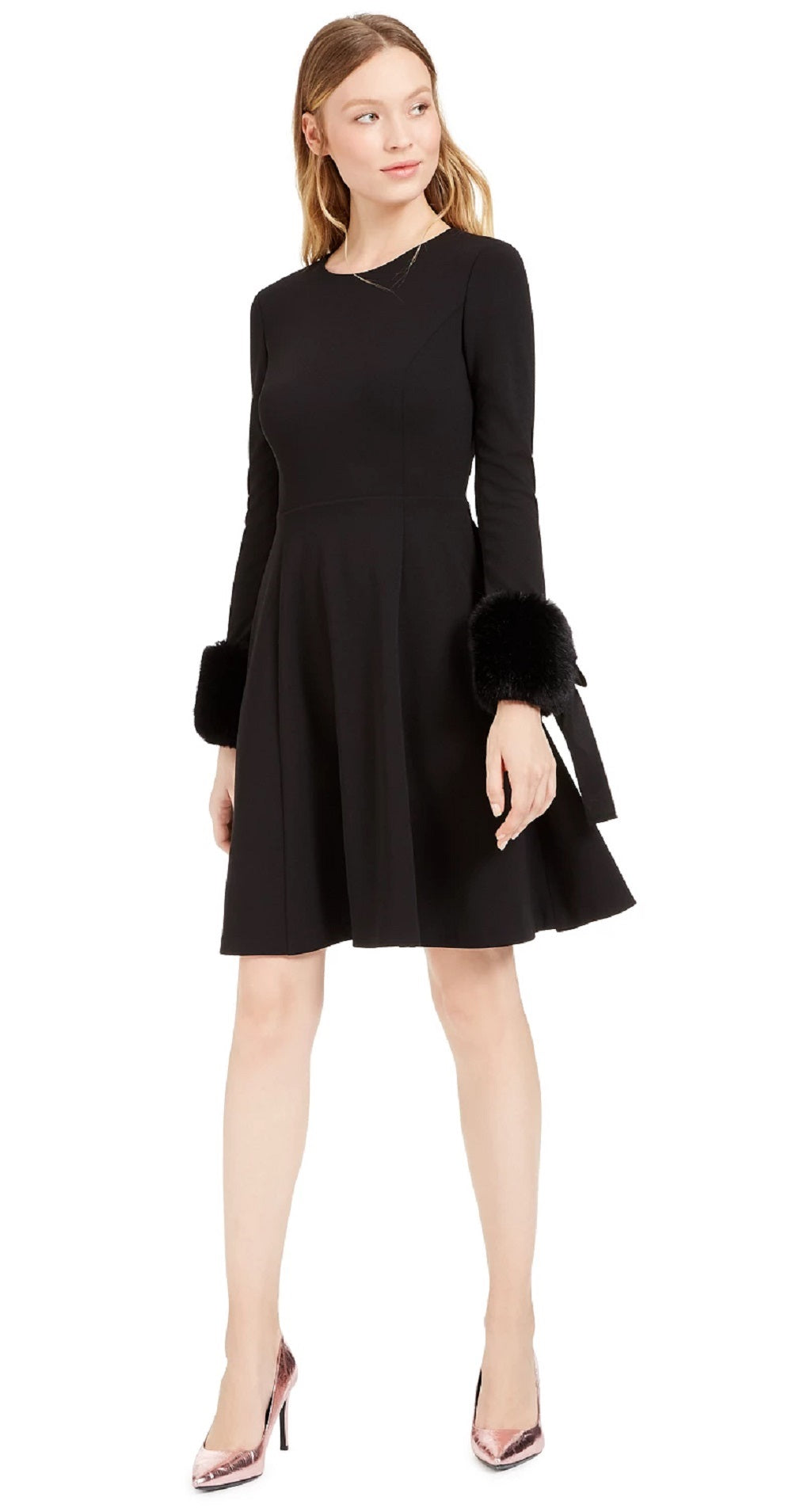 Vestido Calvin Klein Feminino com Punho de Pele Sintética e Ajuste Flare, Preto, Tamanho 6