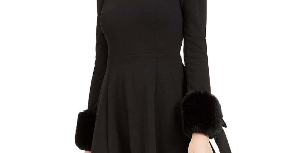 Vestido Calvin Klein Feminino com Punho de Pele Sintética e Ajuste Flare, Preto, Tamanho 6