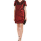 Vestido de coquetel feminino vermelho com babados brilhantes e manga curta, decote em V acima do joelho, tamanho 10 pequeno
