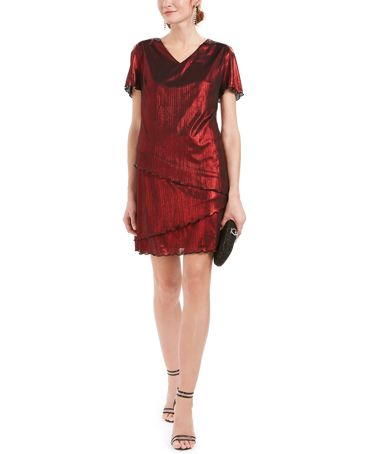 Vestido de coquetel feminino vermelho com babados brilhantes e manga curta, decote em V acima do joelho, tamanho 10 pequeno