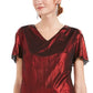 Vestido de coquetel feminino vermelho com babados brilhantes e manga curta, decote em V acima do joelho, tamanho 10 pequeno