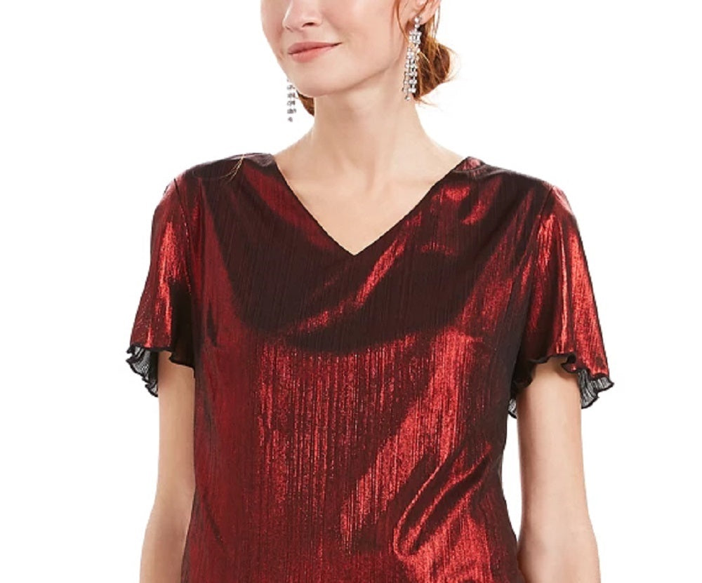 Vestido de coquetel feminino vermelho com babados brilhantes e manga curta, decote em V acima do joelho, tamanho 10 pequeno