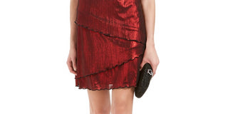 Connected Women's Red Ruffled  Shimmer Short Sleeve V Neck Above The Knee Sheath Cocktail Dress Red Size 10 Petite