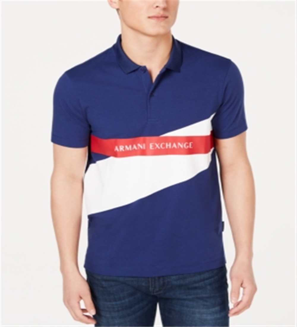 Camisa polo masculina com estampa de logotipo em blocos de cores AX Armani Exchange - Azul-marinho, tamanho XXL