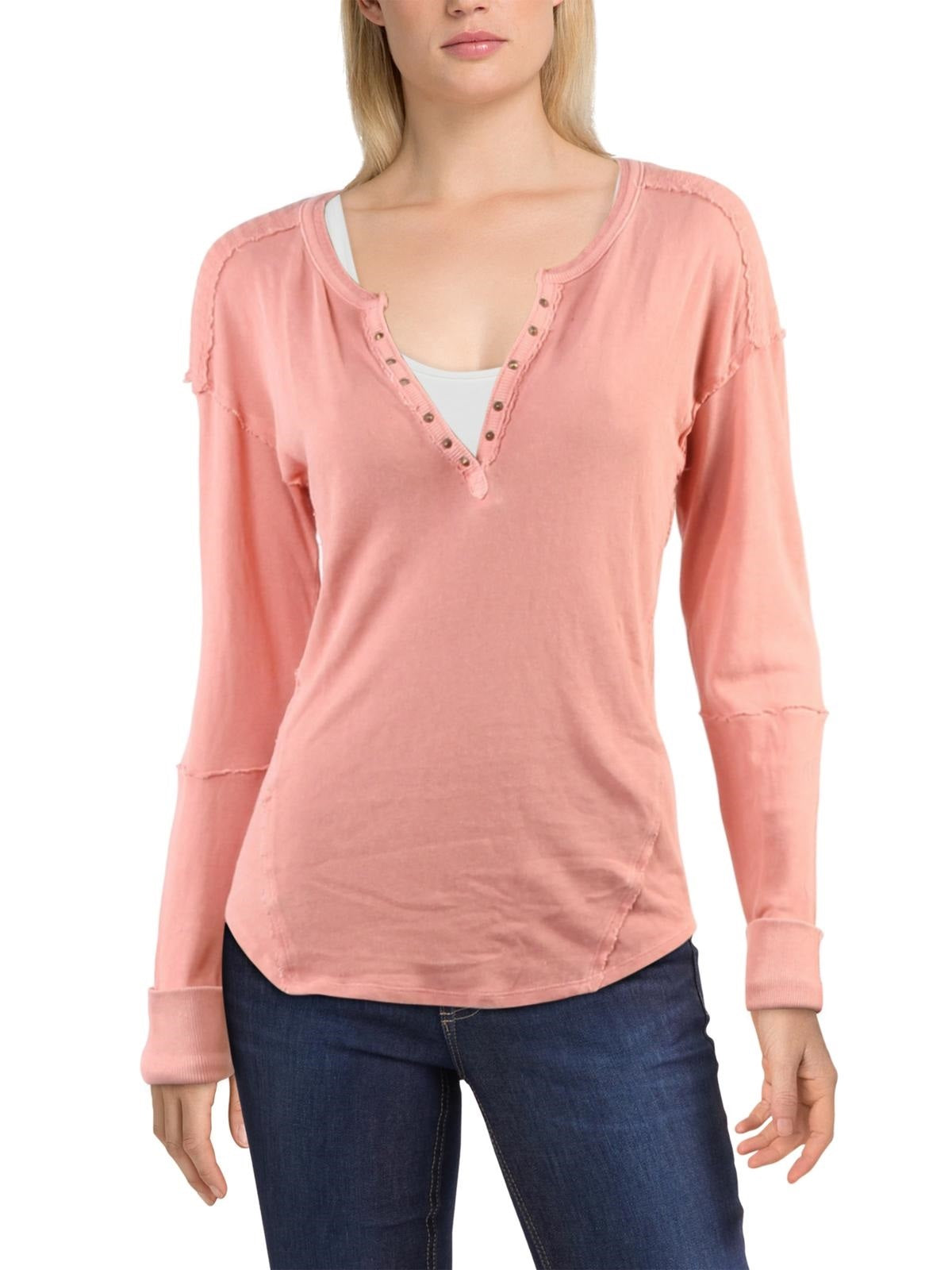Top Henley Militar Feminino We The Free Algodão Misto com Tachas Rosa Tamanho Médio