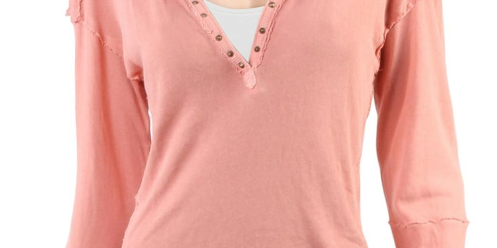 Top Henley Militar Feminino We The Free Algodão Misto com Tachas Rosa Tamanho Médio