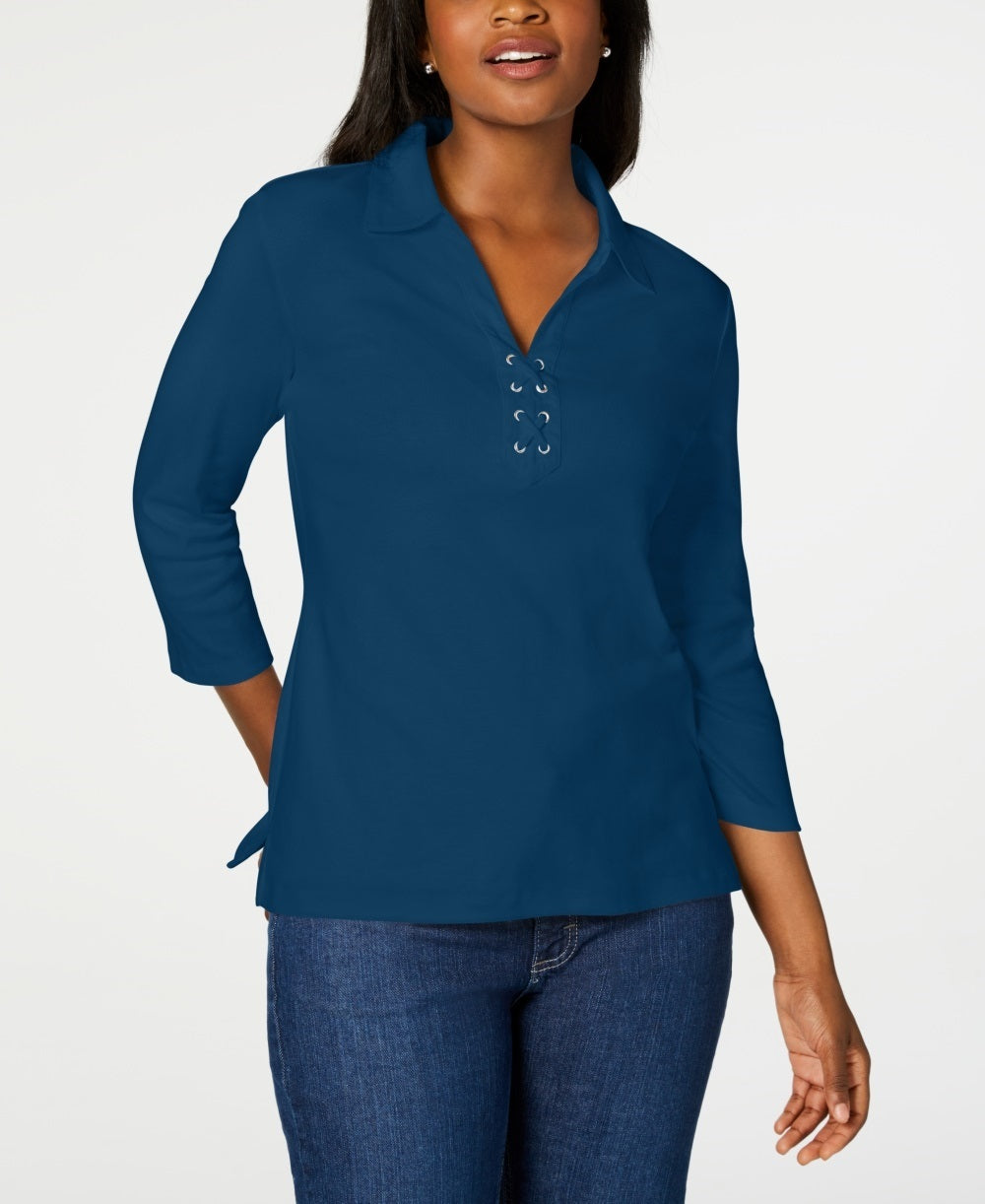 Camisa feminina Karen Scott de algodão com cadarço, azul, tamanho médio