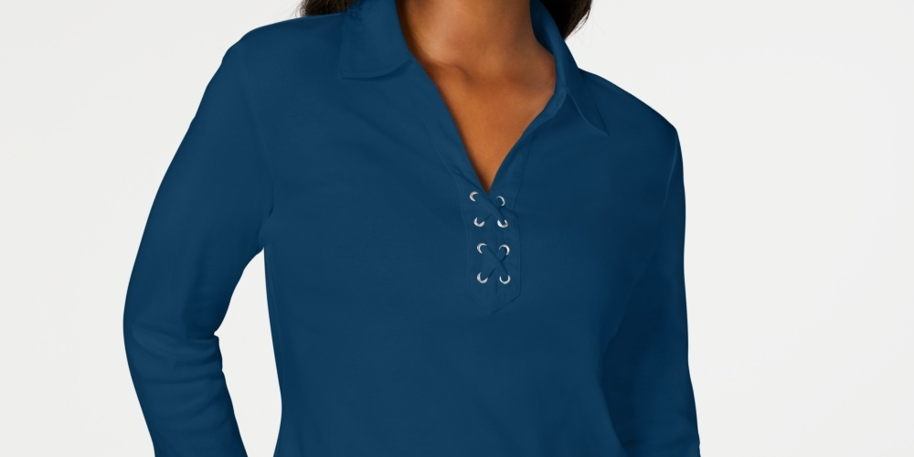 Camisa feminina Karen Scott de algodão com cadarço, azul, tamanho médio
