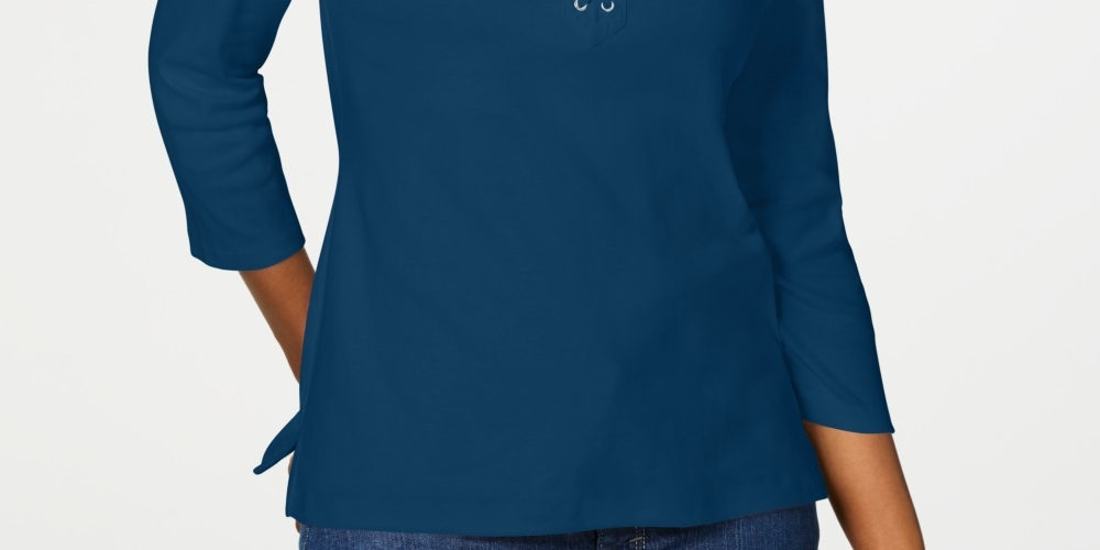 Camisa feminina Karen Scott de algodão com cadarço, azul, tamanho médio