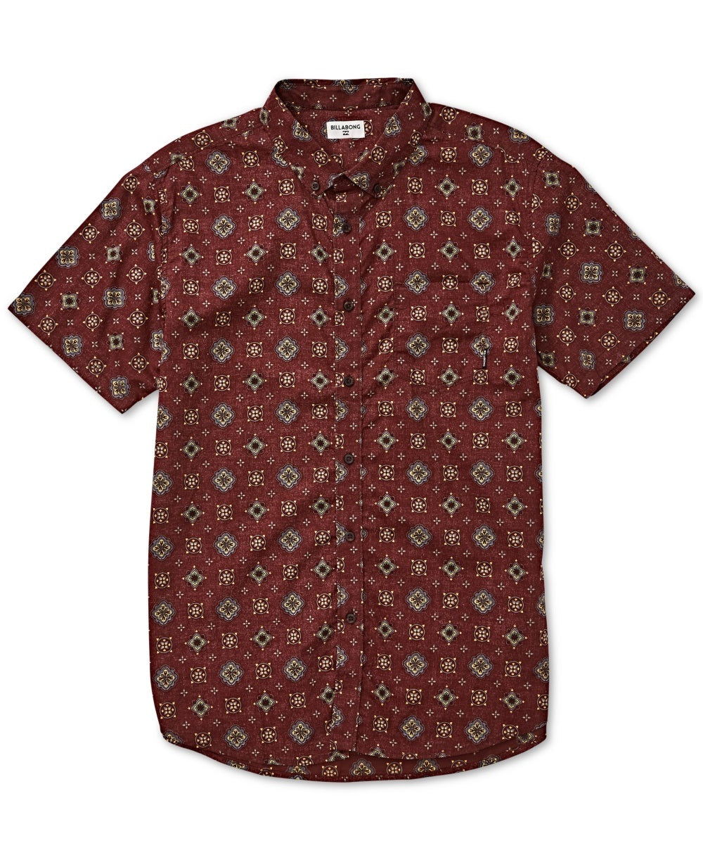 Camisa social masculina Billabong Sundays com estampa de manga curta e botões, vermelha, tamanho X-G