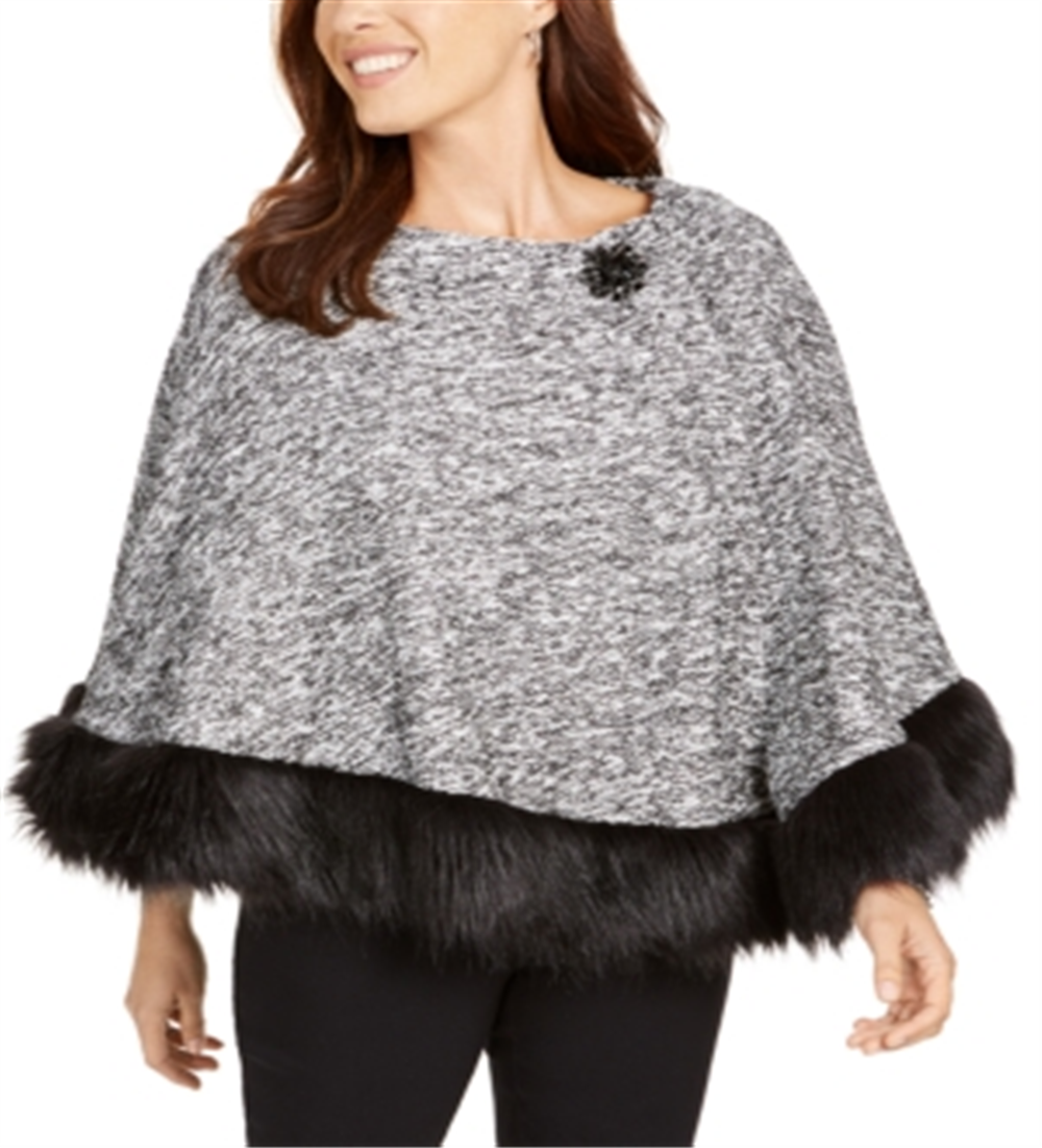 Poncho feminino com acabamento em pele sintética JM Collection, branco e preto, tamanho P/M