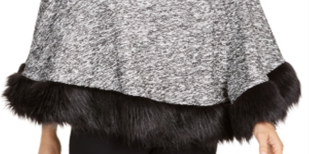 Poncho feminino com acabamento em pele sintética JM Collection, branco e preto, tamanho P/M